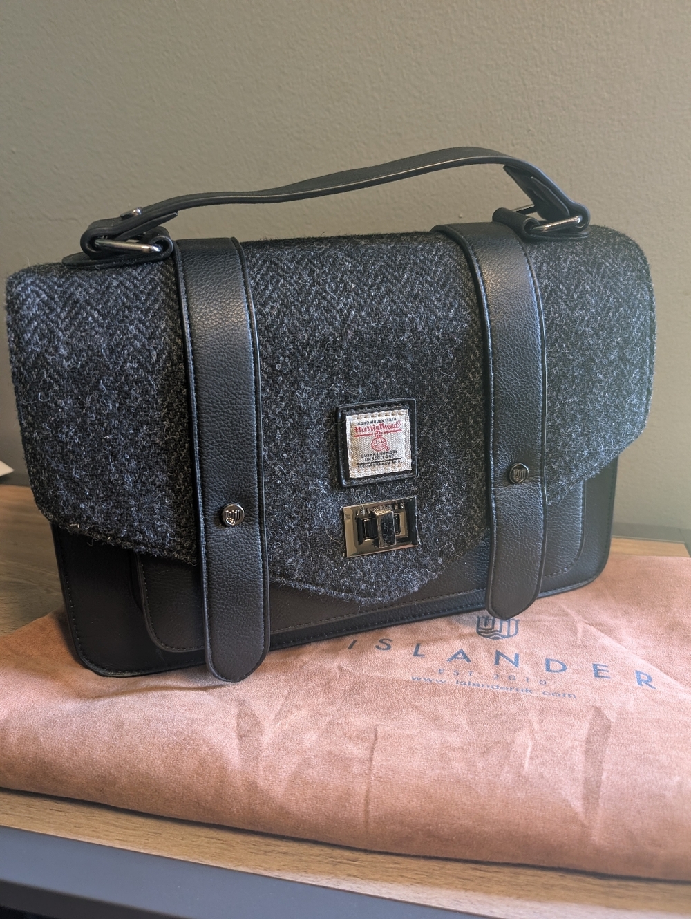 Islander Harris Tweed Gray & Black herringbone satchel Crossbody Bag